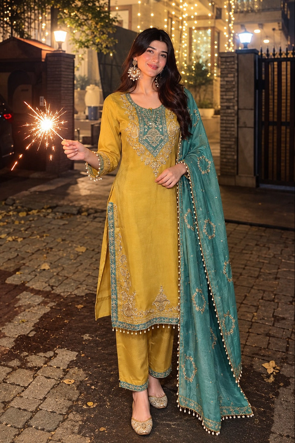 Mustard Yellow Embellished Tissue Silk Pant Set
