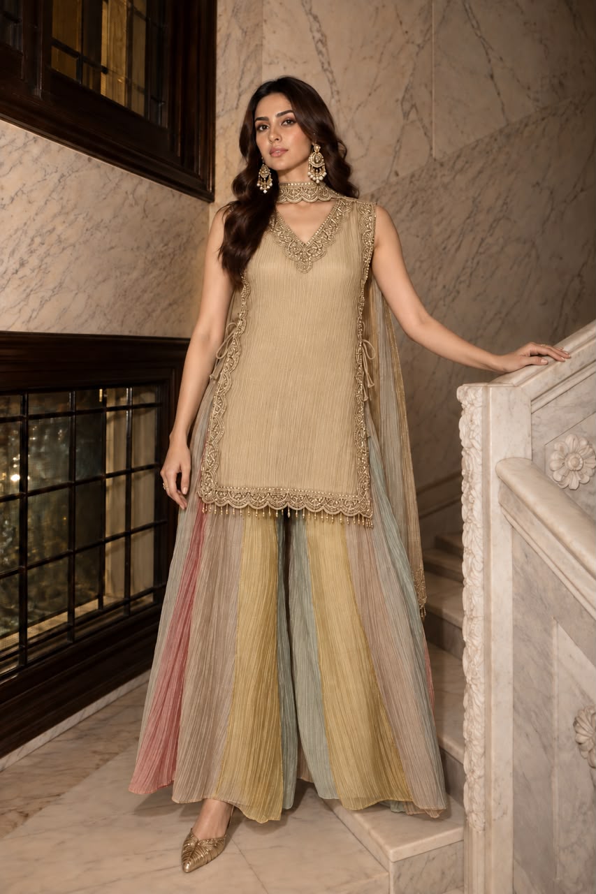 Champagne Gold Embellished Tissue Silk Palazoo Set