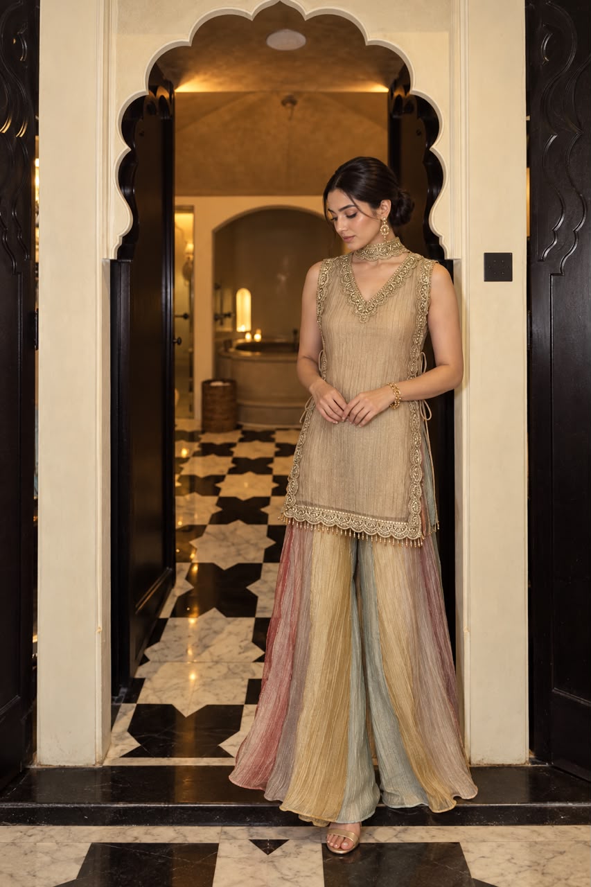 Champagne Gold Embellished Tissue Silk Palazoo Set