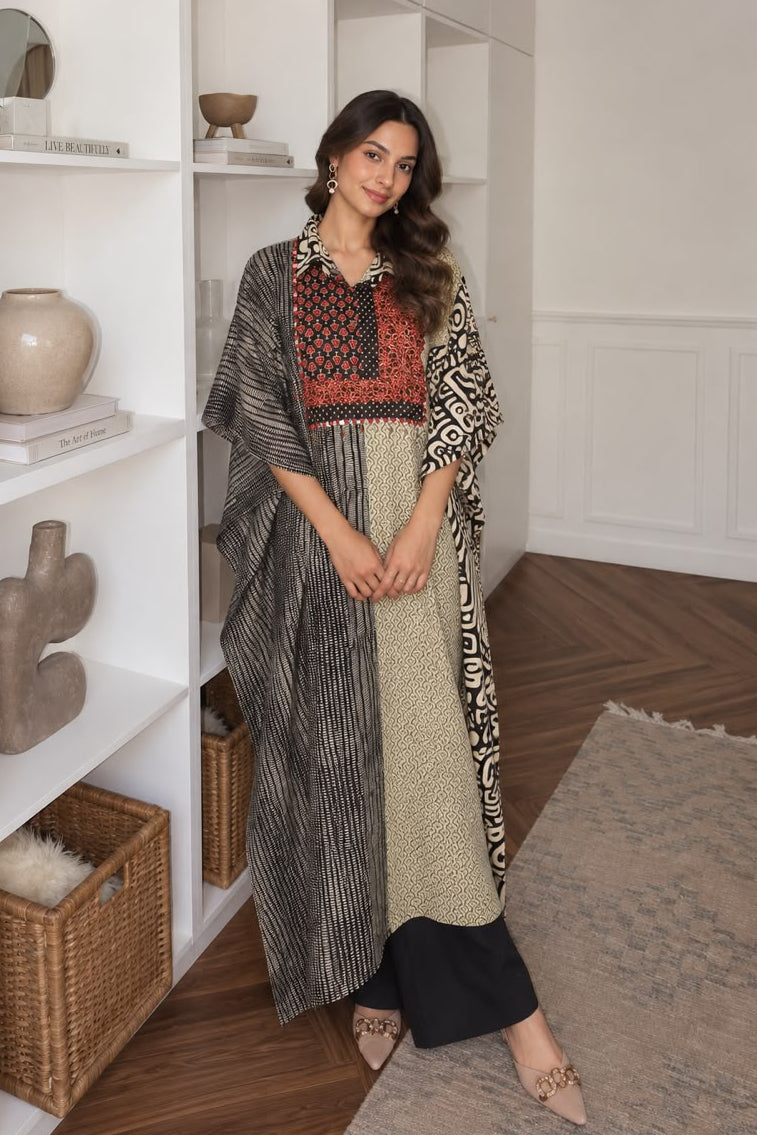 Monochrome Ajrakh Print Pure Cotton Kaftan Set
