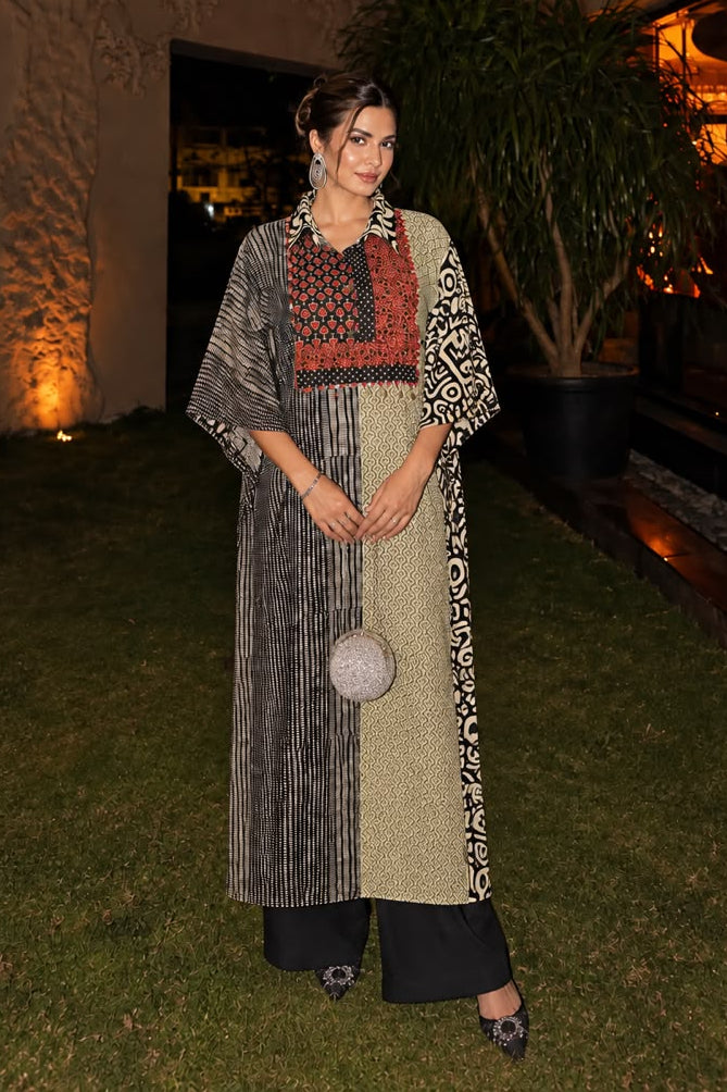Monochrome Ajrakh Print Pure Cotton Kaftan Set