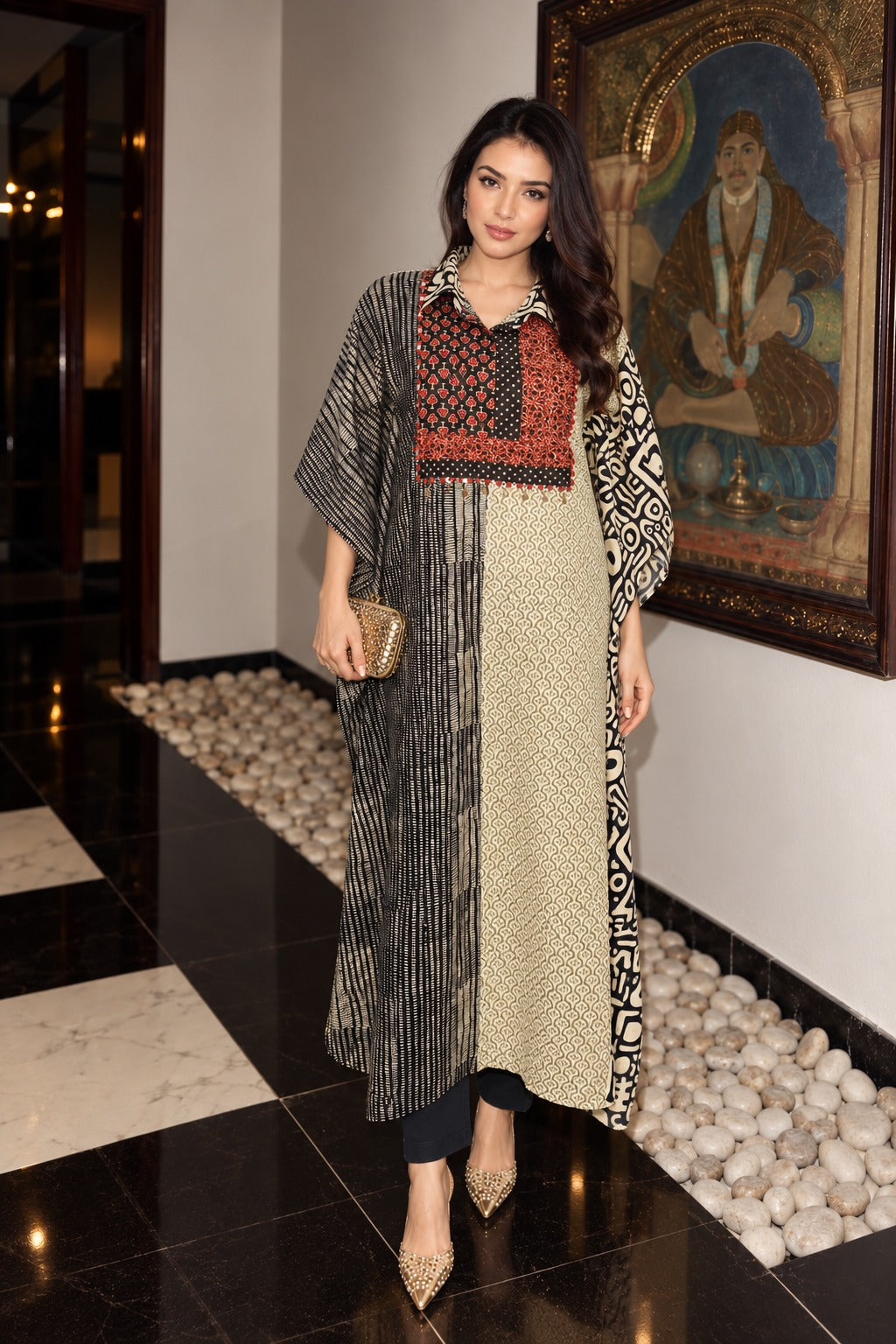 Monochrome Ajrakh Print Pure Cotton Kaftan Set
