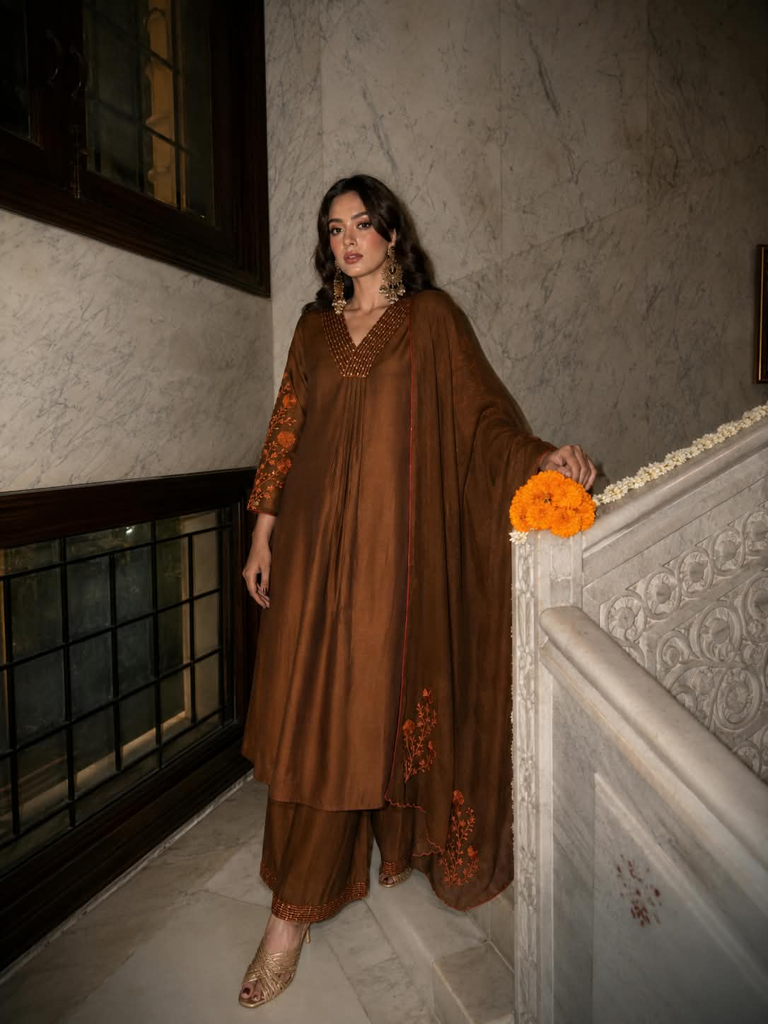 Rich Mocha Mul Chanderi Silk-A-Line Suit Set