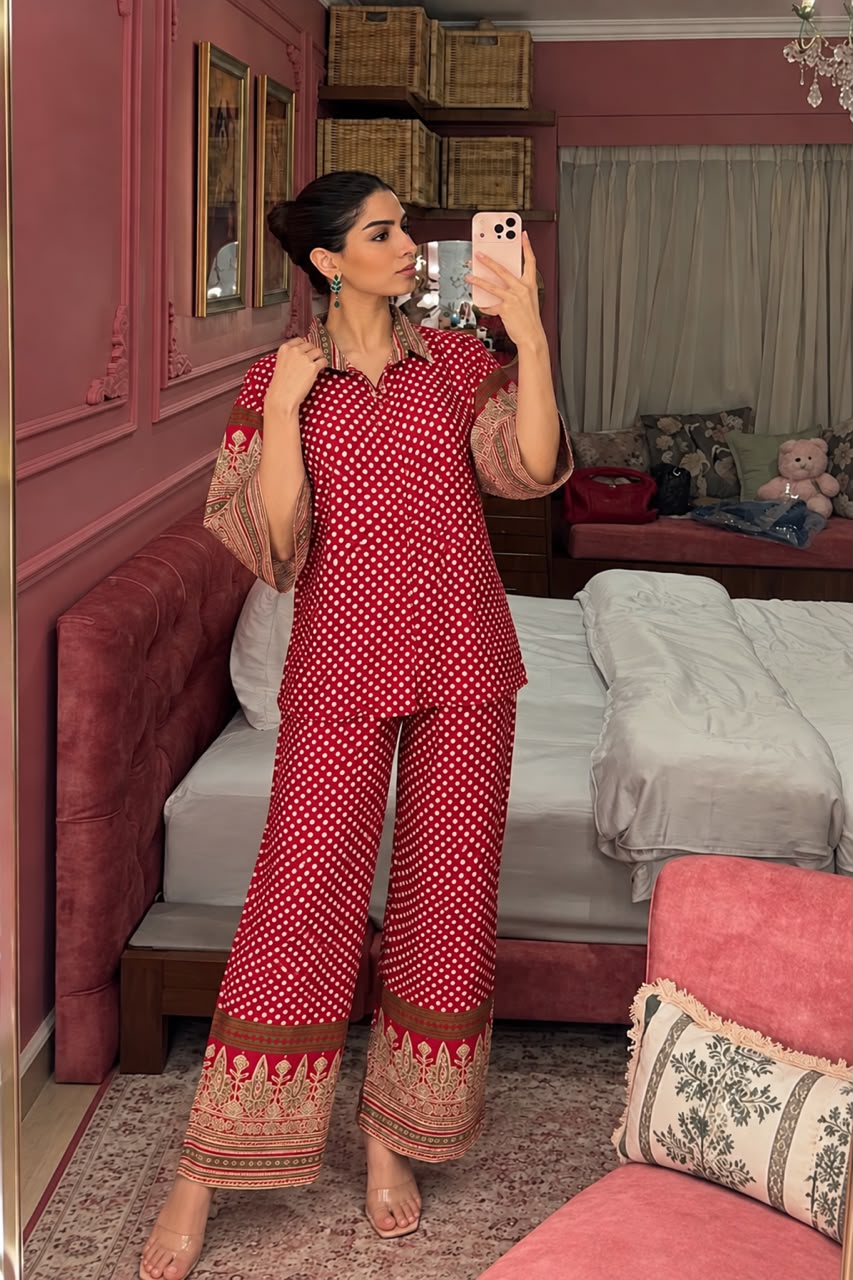 Crimson Maroon Polka Printed Gajji Silk Co-Ord Set