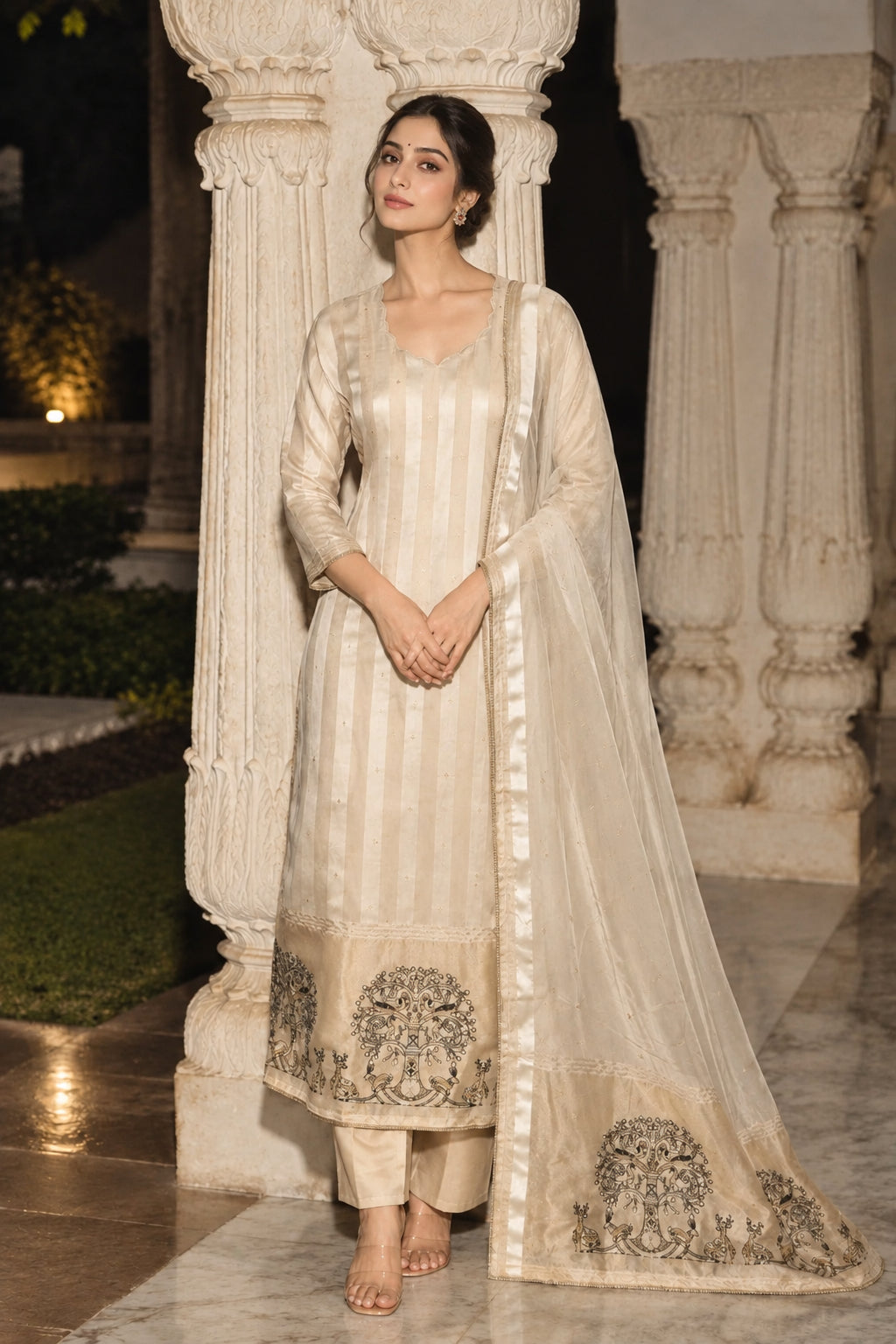 Ivory Cream Embellished Kanjivaram Silk Pant Set