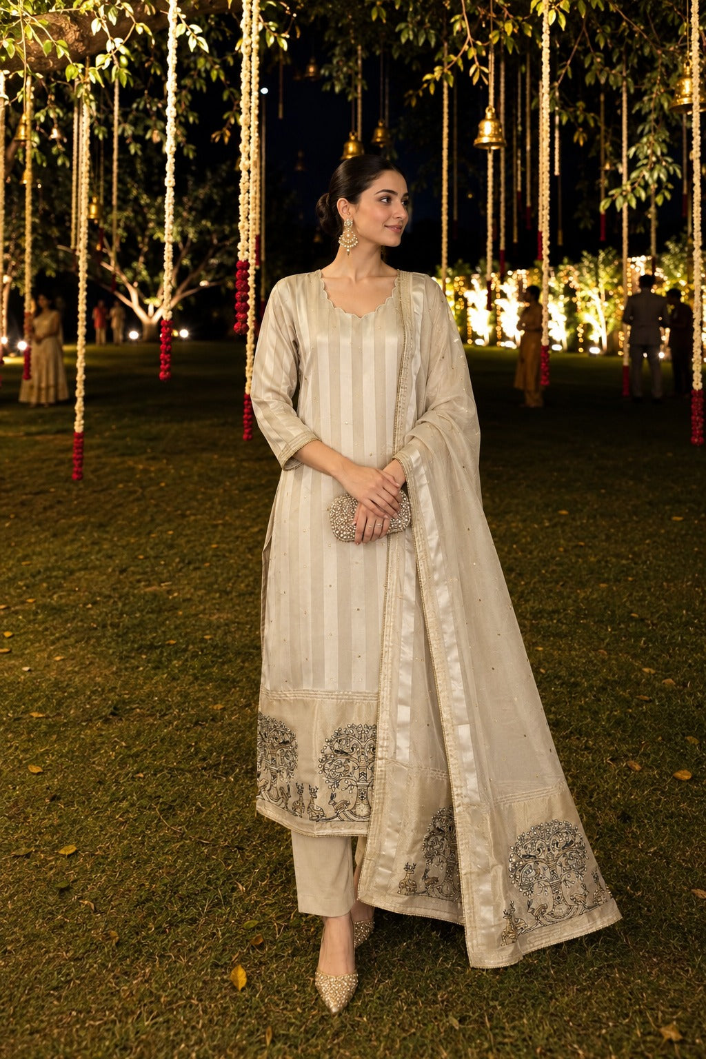 Ivory Cream Embellished Kanjivaram Silk Pant Set