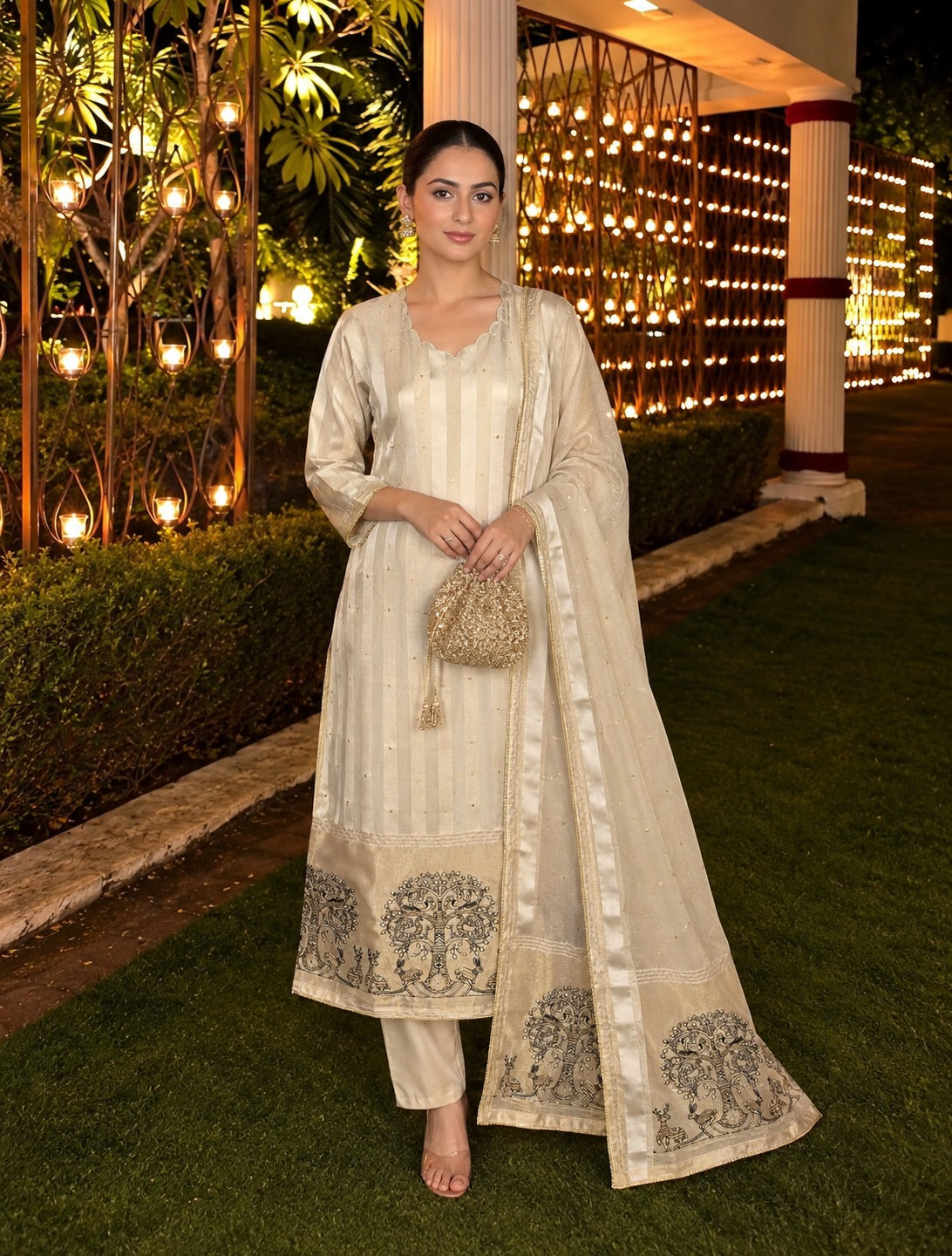 Ivory Cream Embellished Kanjivaram Silk Pant Set