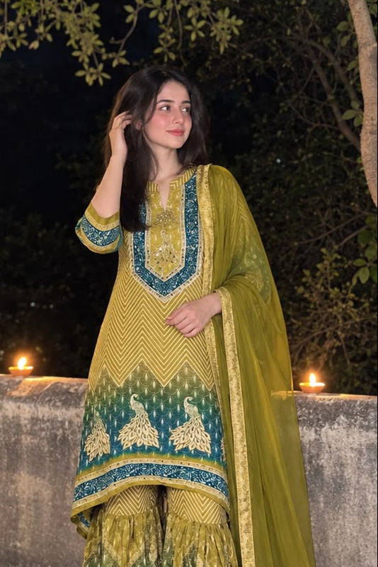 Olive Green Embellished Crepe Silk Sharara Set
