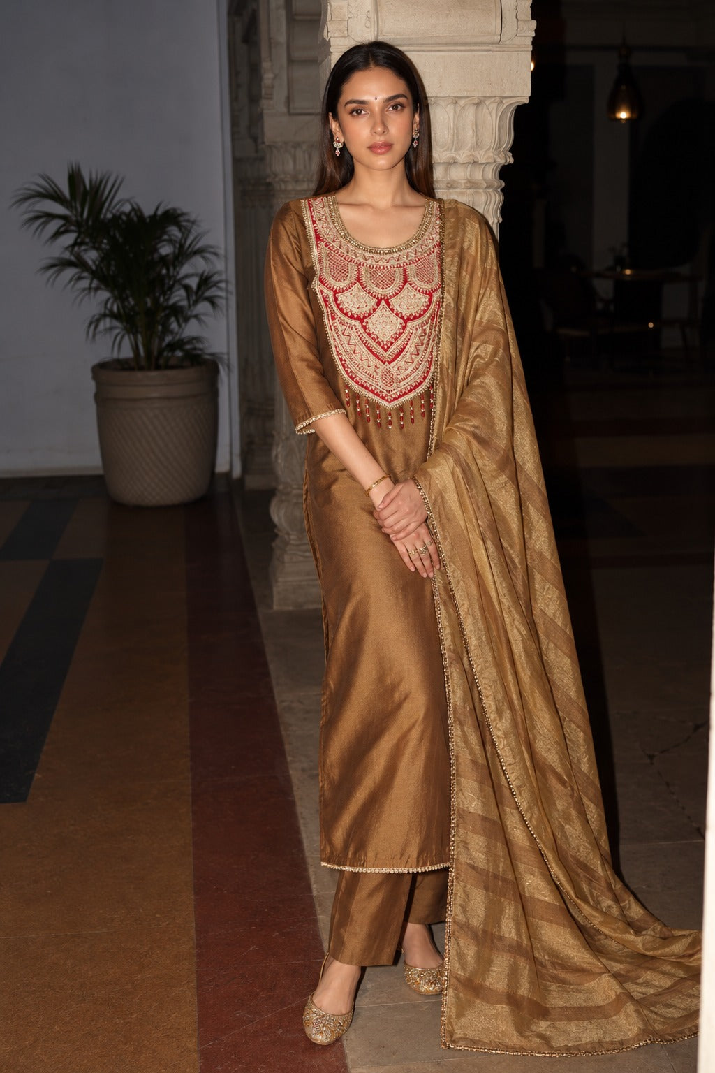 Coffee Brown Embroidered Premium Silk-Suit Set
