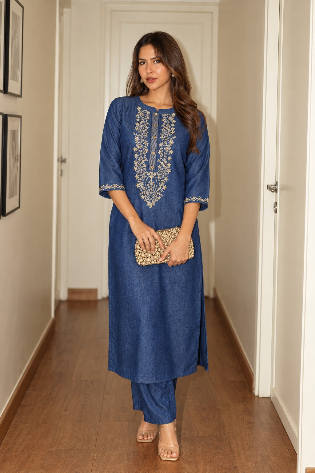 Prussian Blue Embellished Denim Co-ord Set