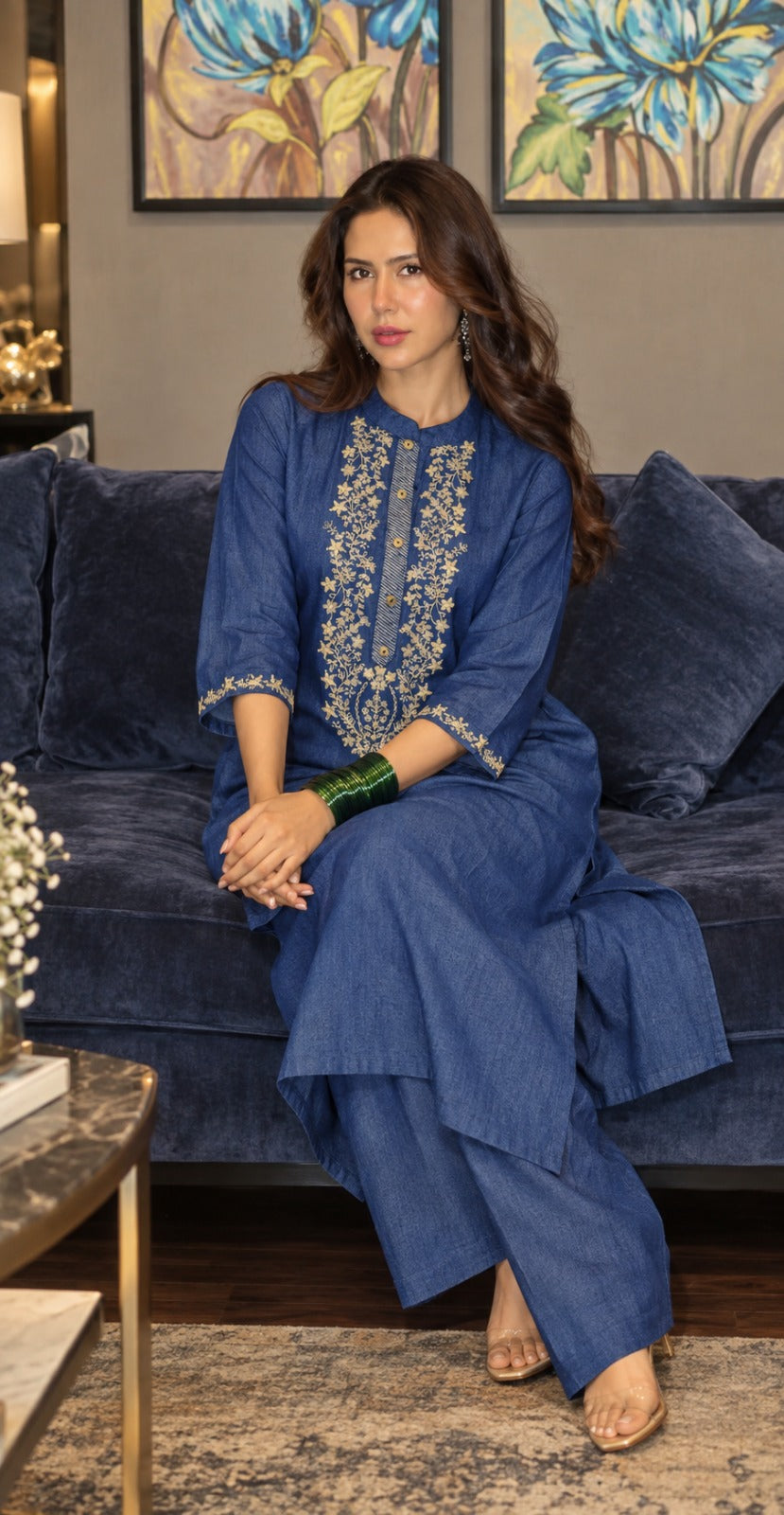 Prussian Blue Embellished Denim Co-ord Set