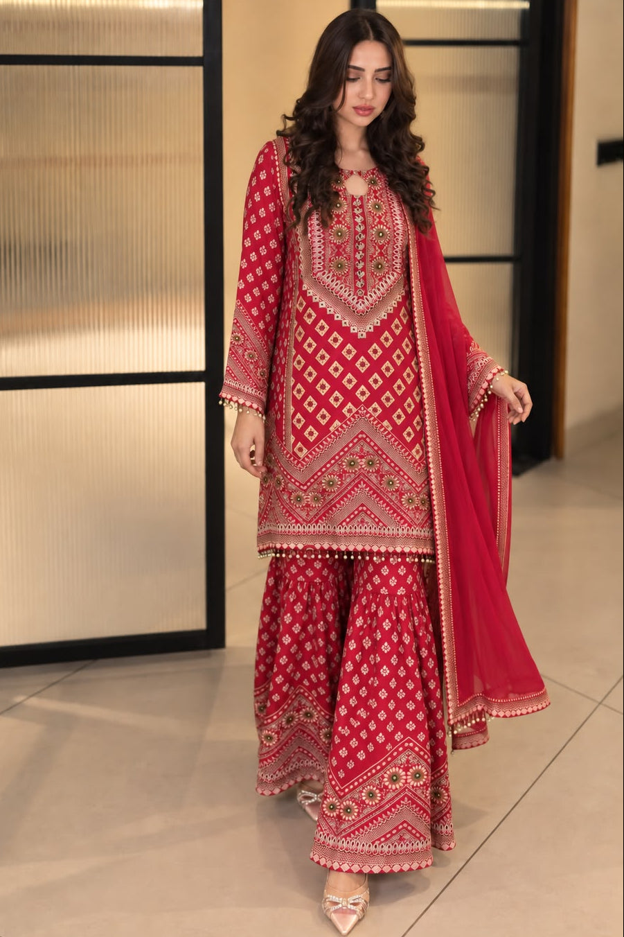 Deep Raspberry Pink Embellished Crepe Silk Sharara Set