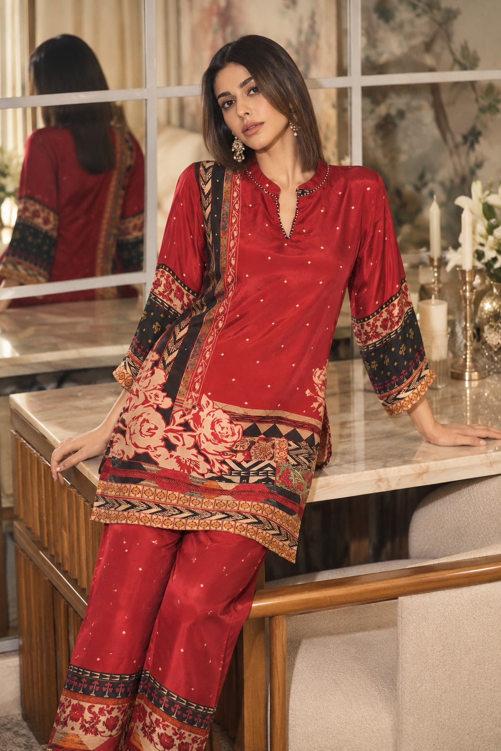 Deep Maroon Printed Crepe Silk Co-ord Set