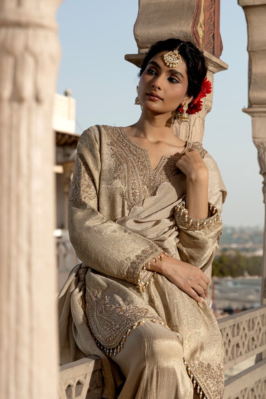 Pastel Olive Embellished Kimkhab Brocade Farshi Suit Set