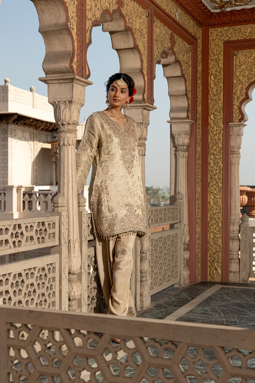 Pastel Olive Embellished Kimkhab Brocade Farshi Suit Set