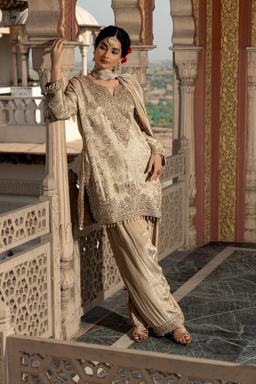 Pastel Olive Embellished Kimkhab Brocade Farshi Suit Set