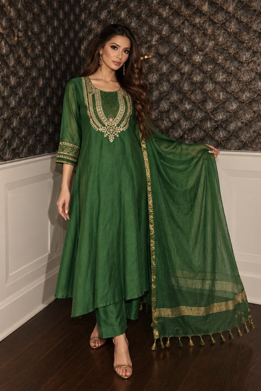 Emerald Green Embroidered Mul Chanderi Silk Anarkali Set