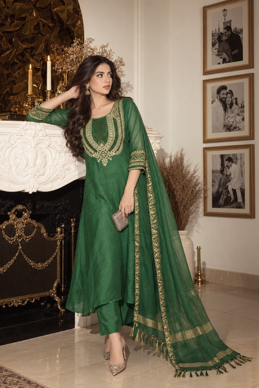 Emerald Green Embroidered Mul Chanderi Silk Anarkali Set