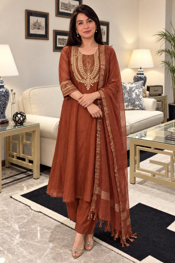 Warm Terracotta Embroidered Mul Chanderi Silk Anarkali Set