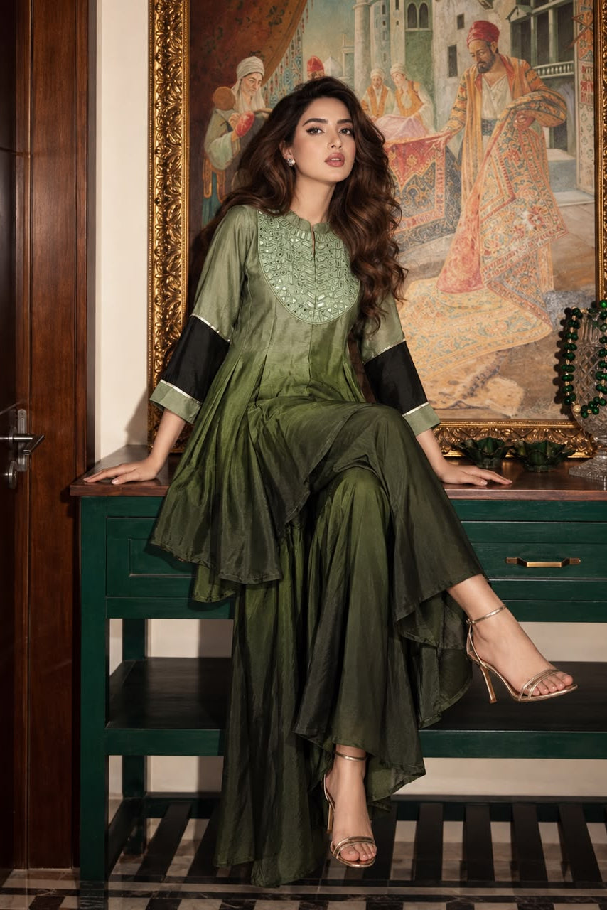 Ombre Green Mul Chanderi Silk Mirror Co-ord Set