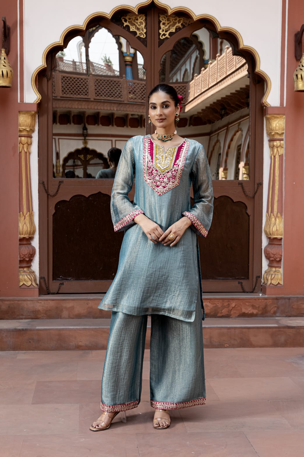 Sea Blue Embellished Tissue Silk Palazzo Set