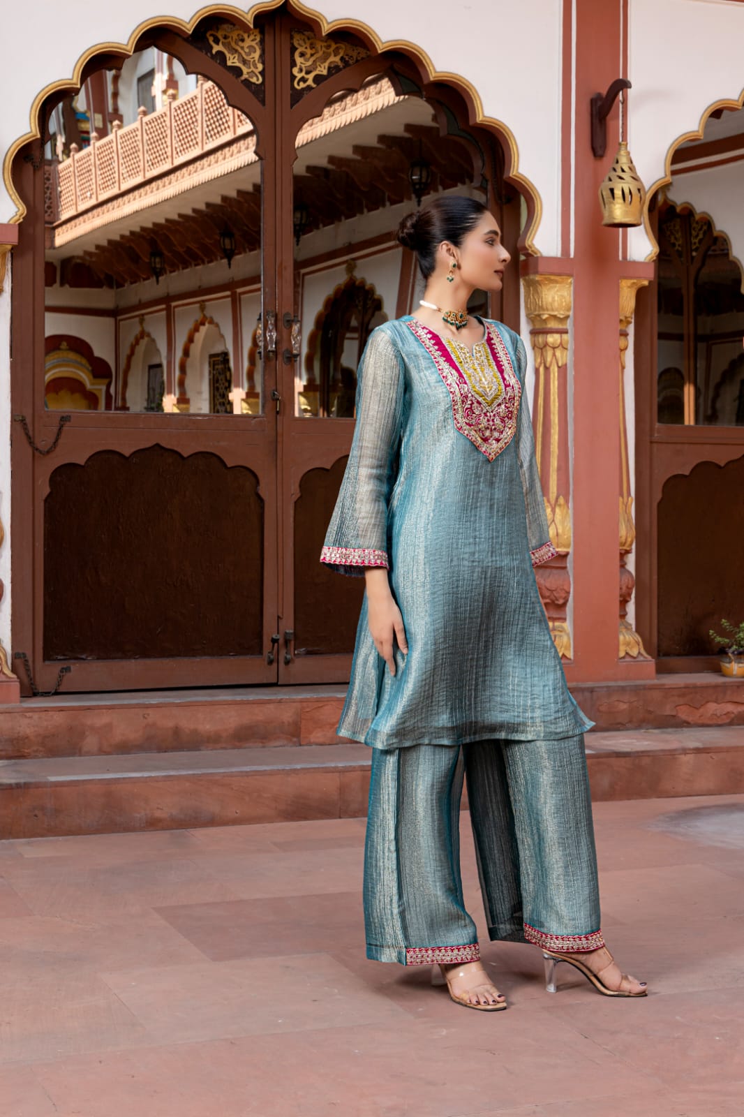 Sea Blue Embellished Tissue Silk Palazzo Set