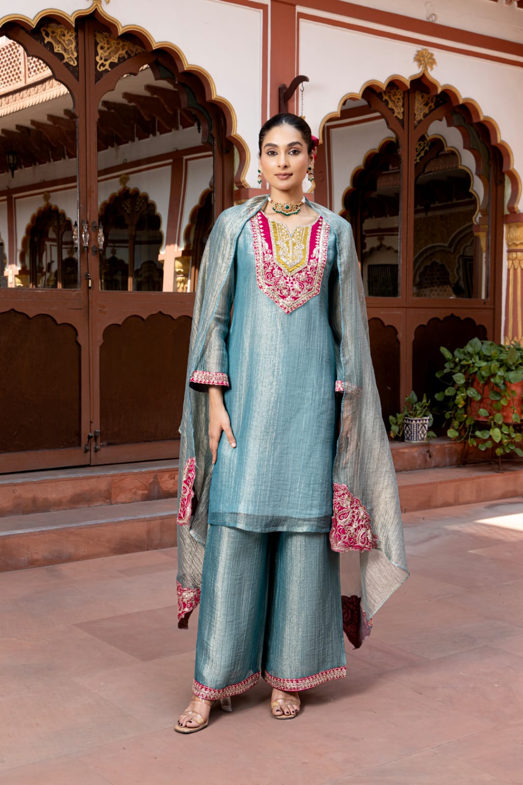 Sea Blue Embellished Tissue Silk Palazzo Set