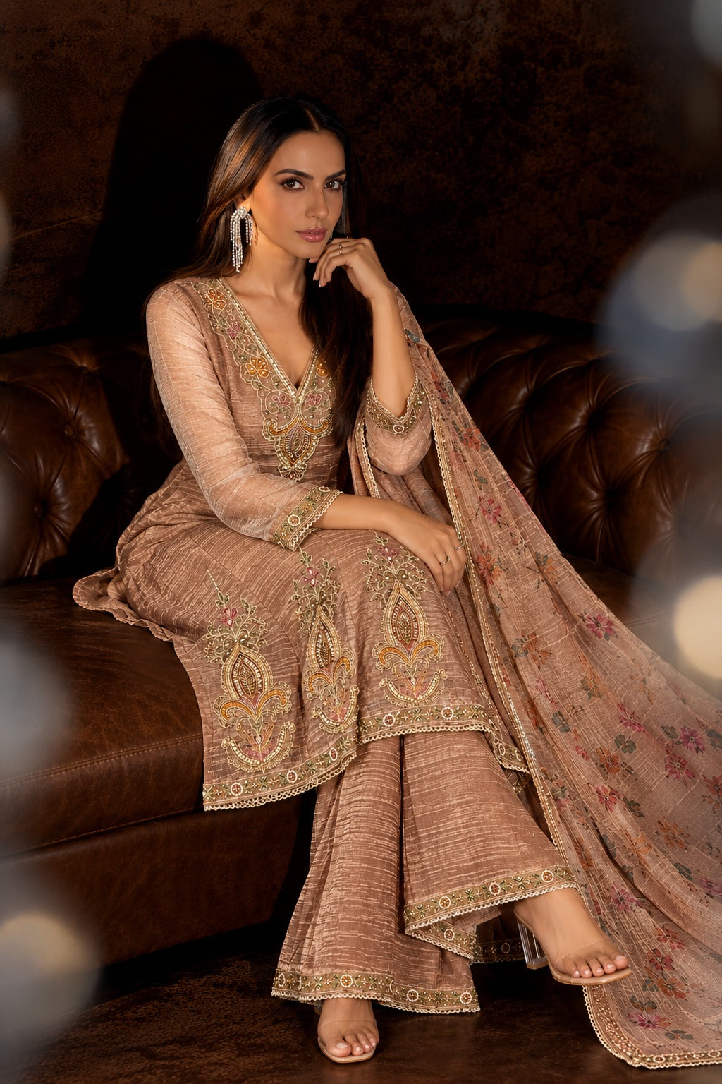 Rose Gold Embellished Shimmer Tissue Silk Anarkali Set