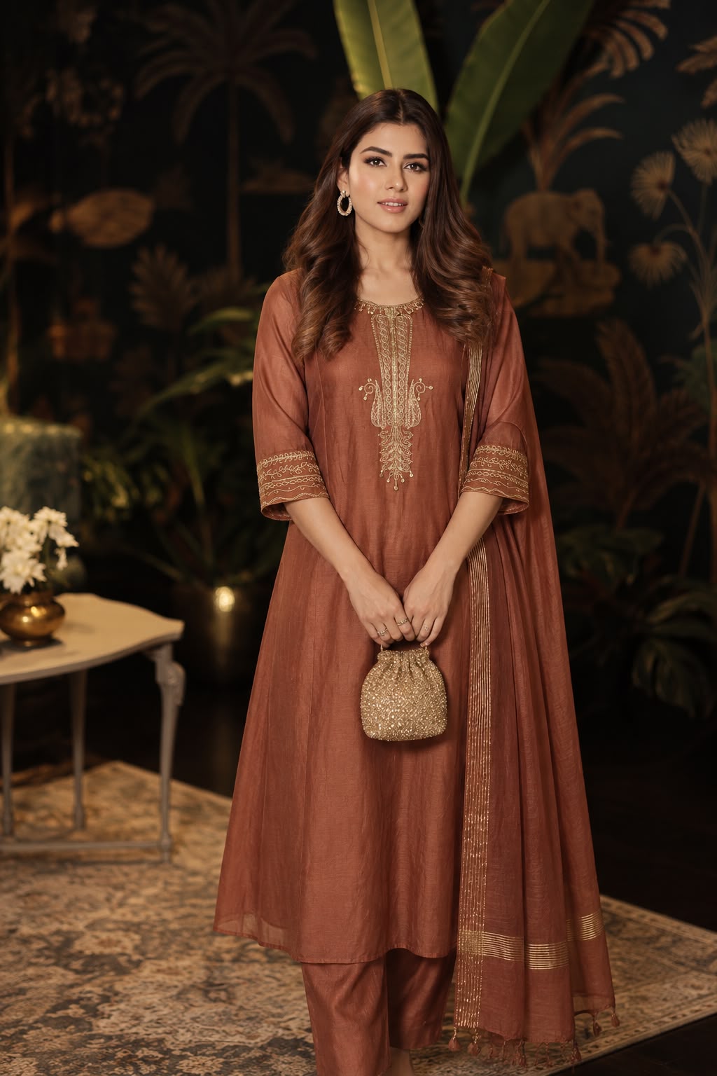 Dusty Rose Embroidered Mul Chanderi Silk Anarkali Set
