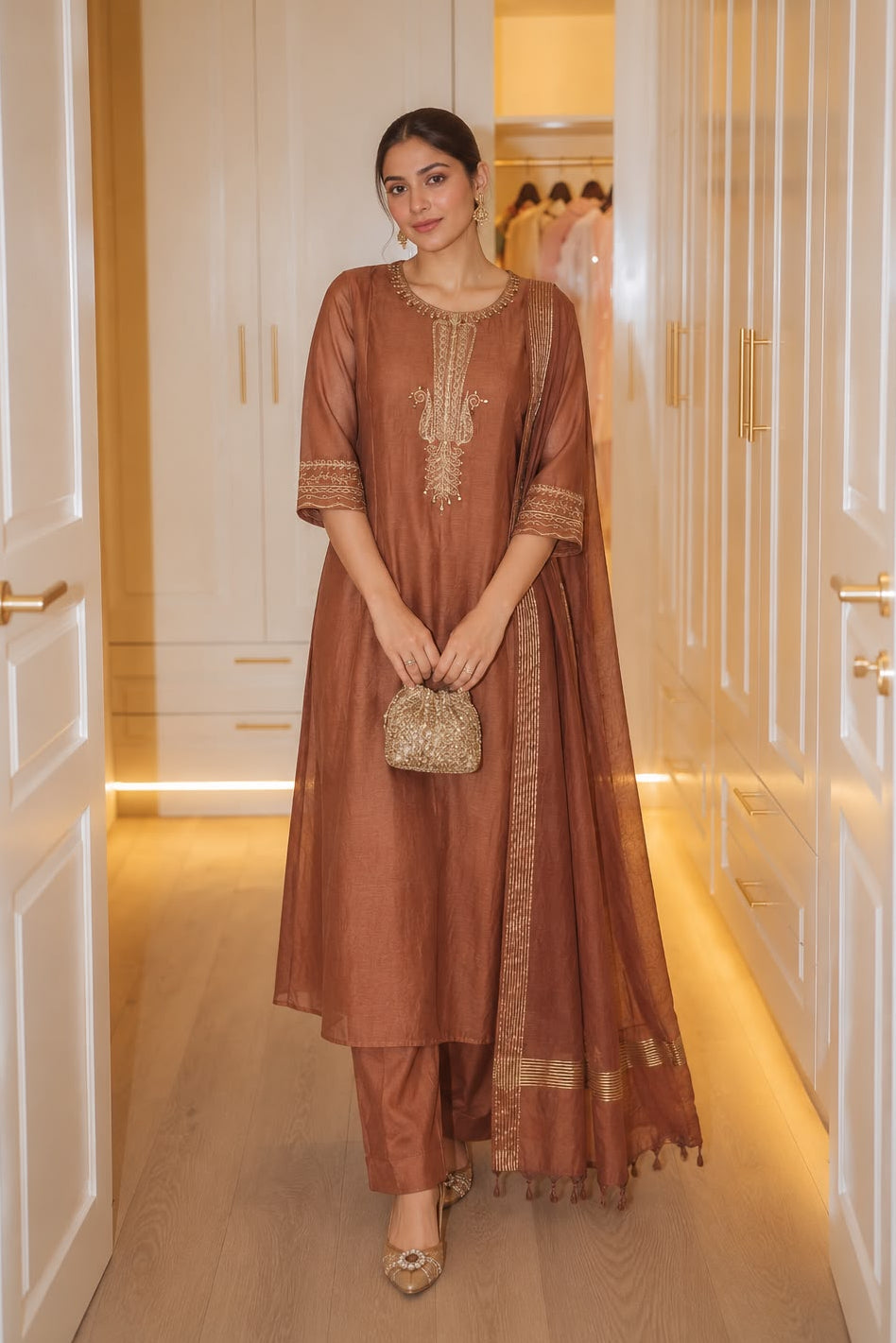 Dusty Rose Embroidered Mul Chanderi Silk Anarkali Set
