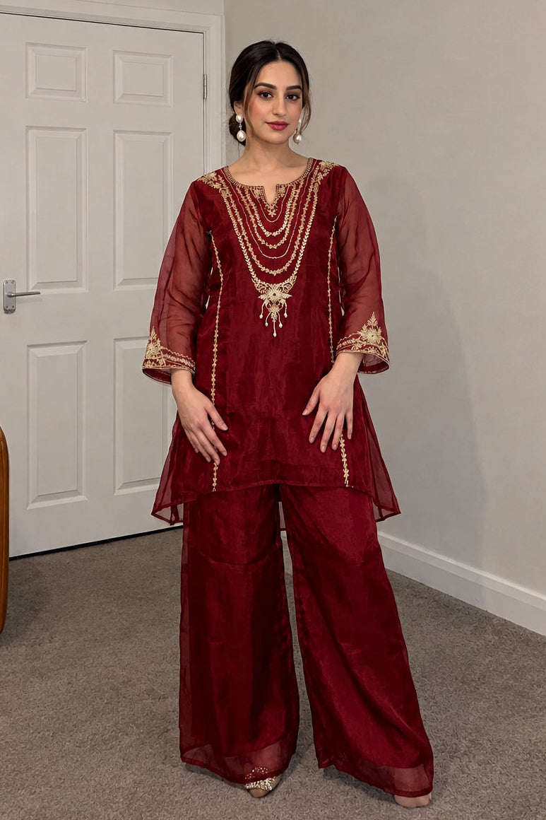 Rich Maroon Embellished Soft Organza Silk Co-ord Set