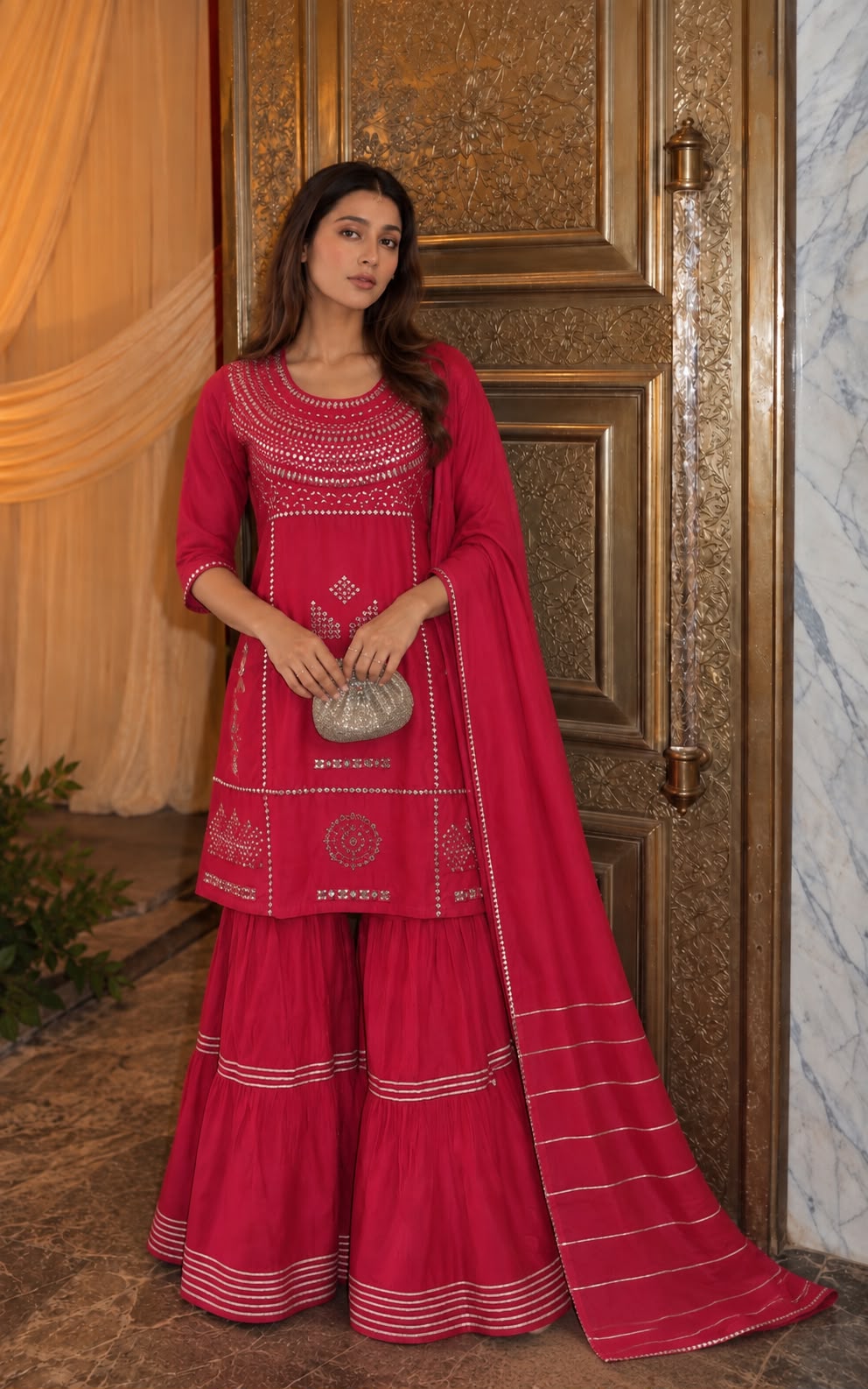Bright Pink Embellished Crepe Silk Sharara Set