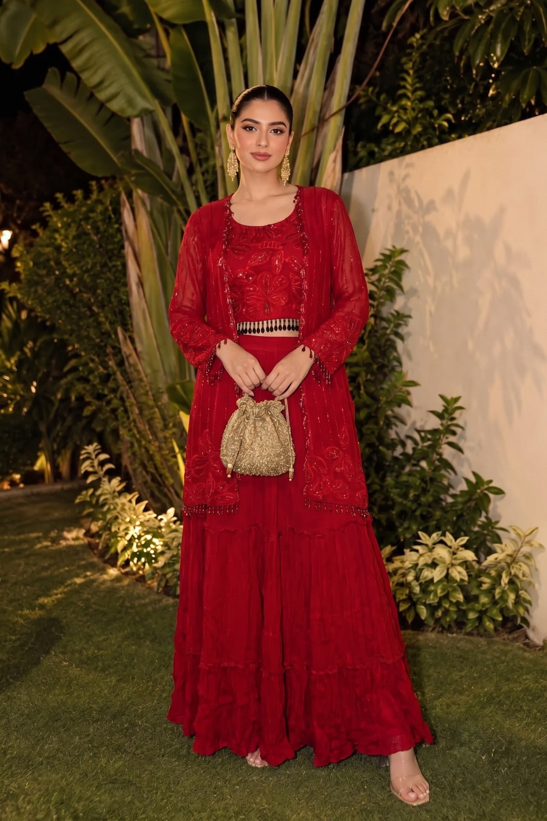 Crimson Red Embellished Georgette Silk Skirt Set