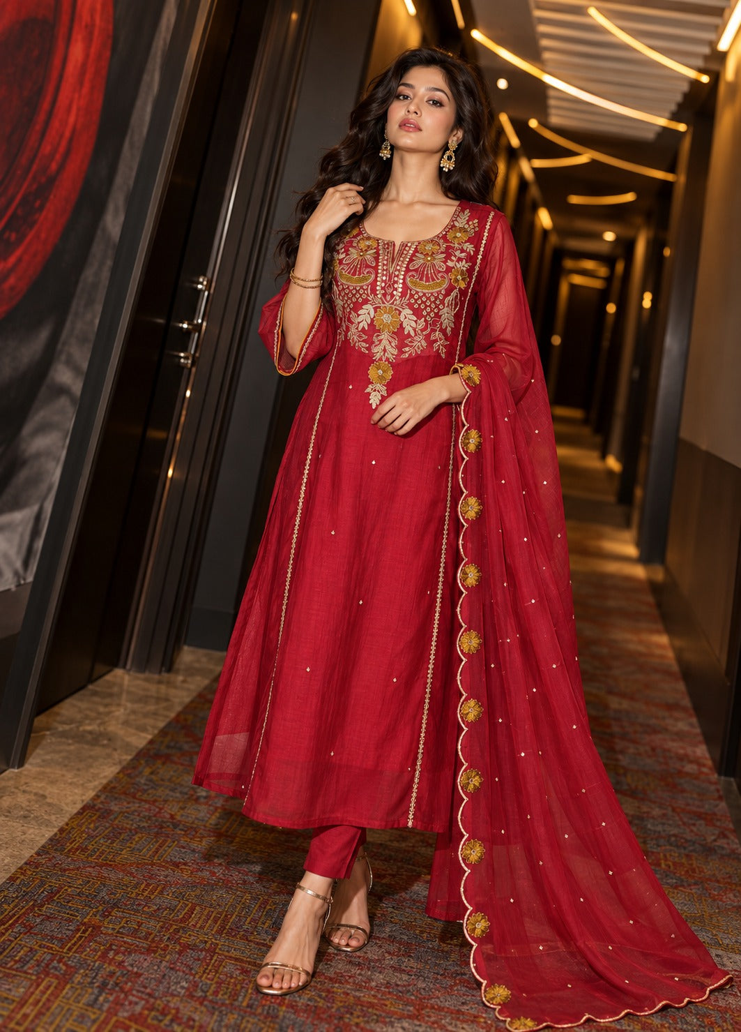 Raspberry Pink Embellished Mul Chanderi Silk Anarkali Set