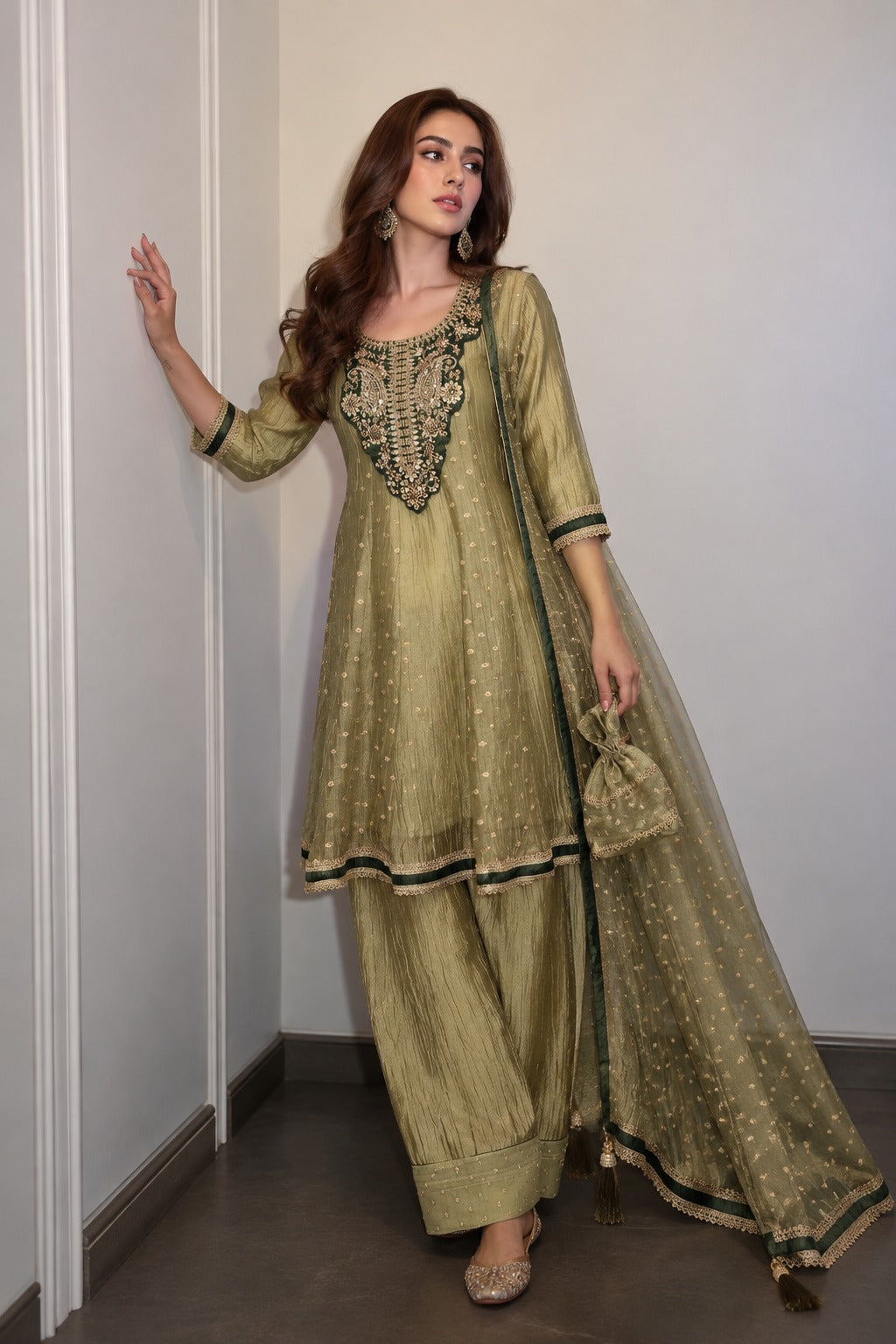 Olive Green Embellished Tissue Silk Anarkali Set