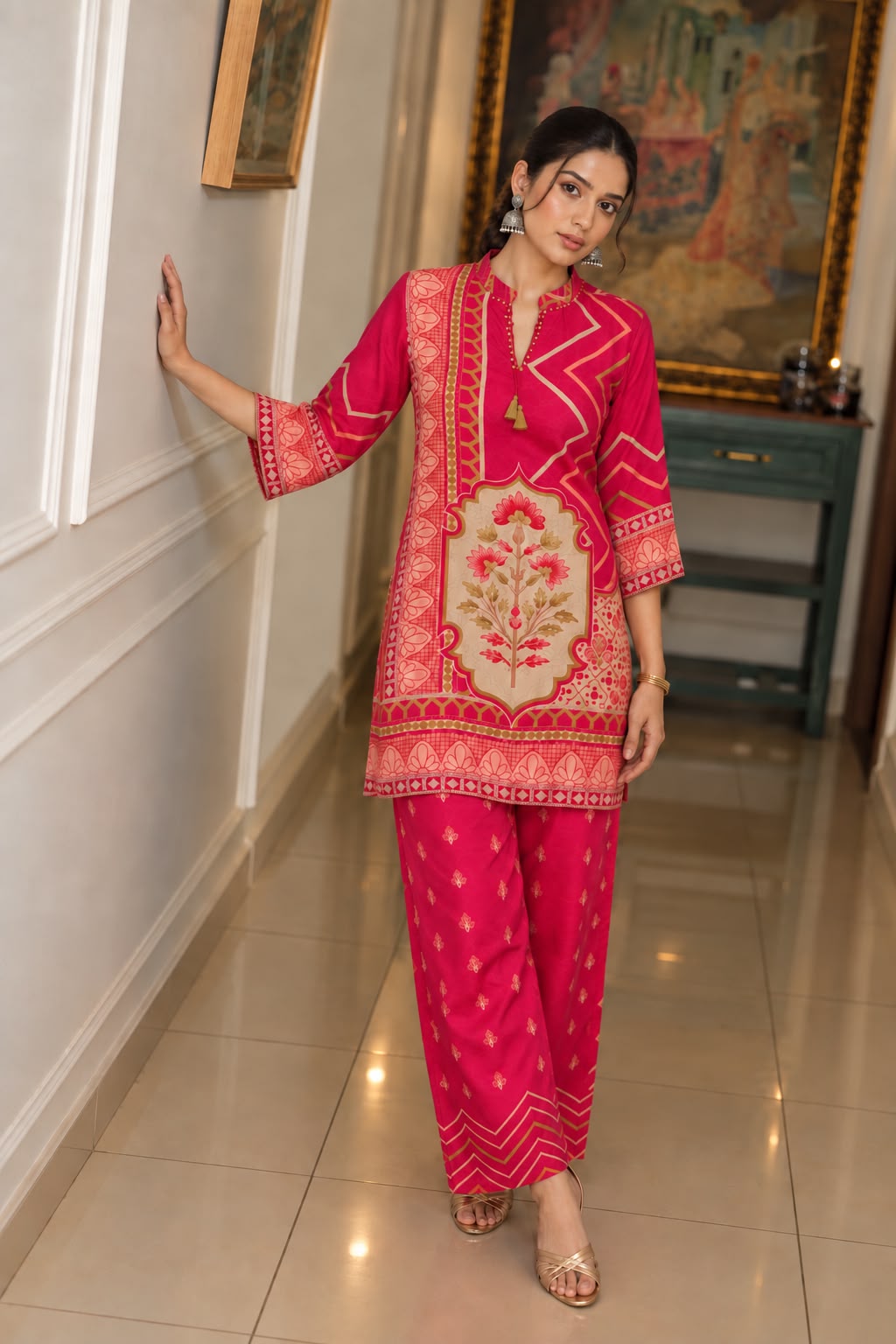 Fuchsia Pink Printed Crepe Silk Co-Ord Set