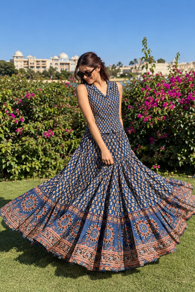 Royal Blue Embellished Mul Cotton Skirt Set