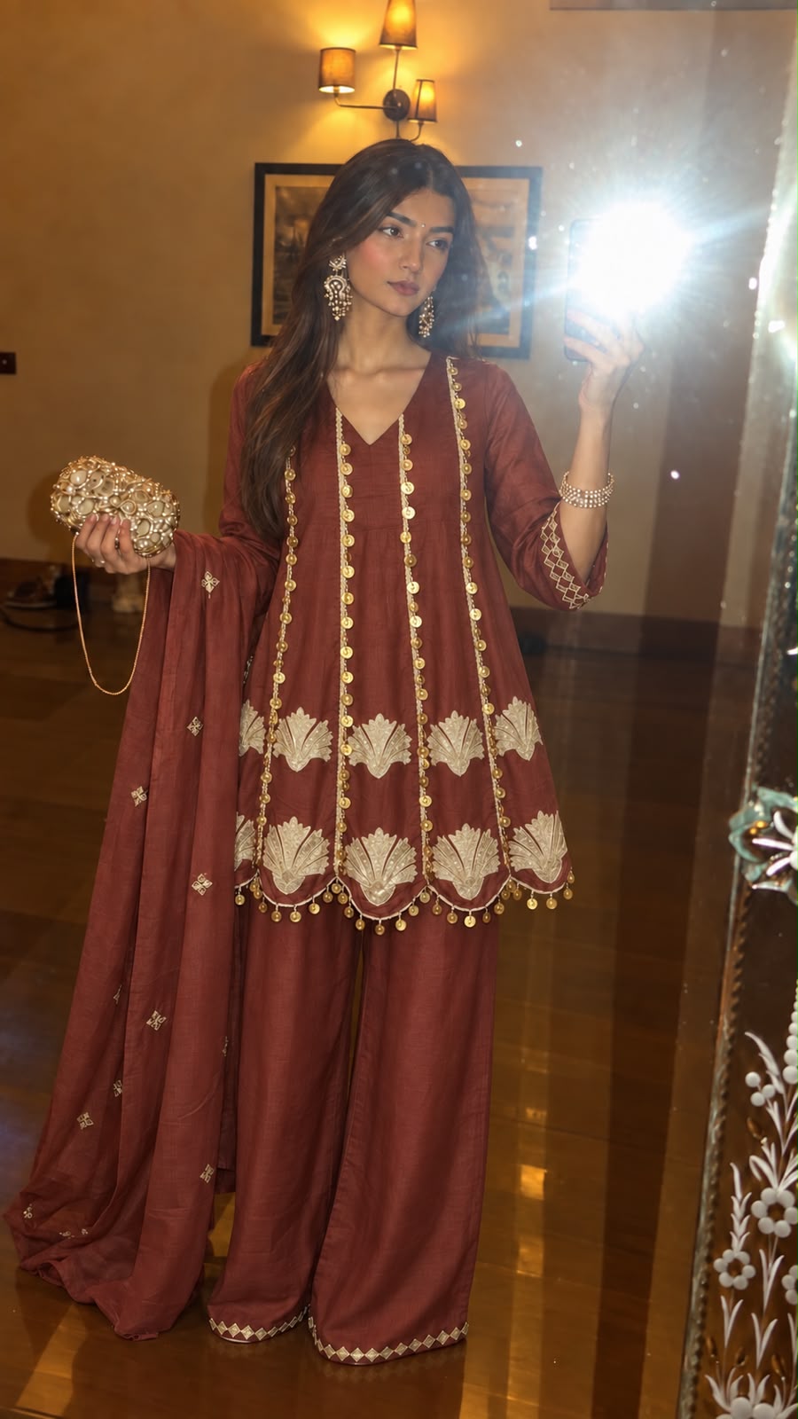 Dark Brown Embellished Mul Chanderi Silk Anarkali Set
