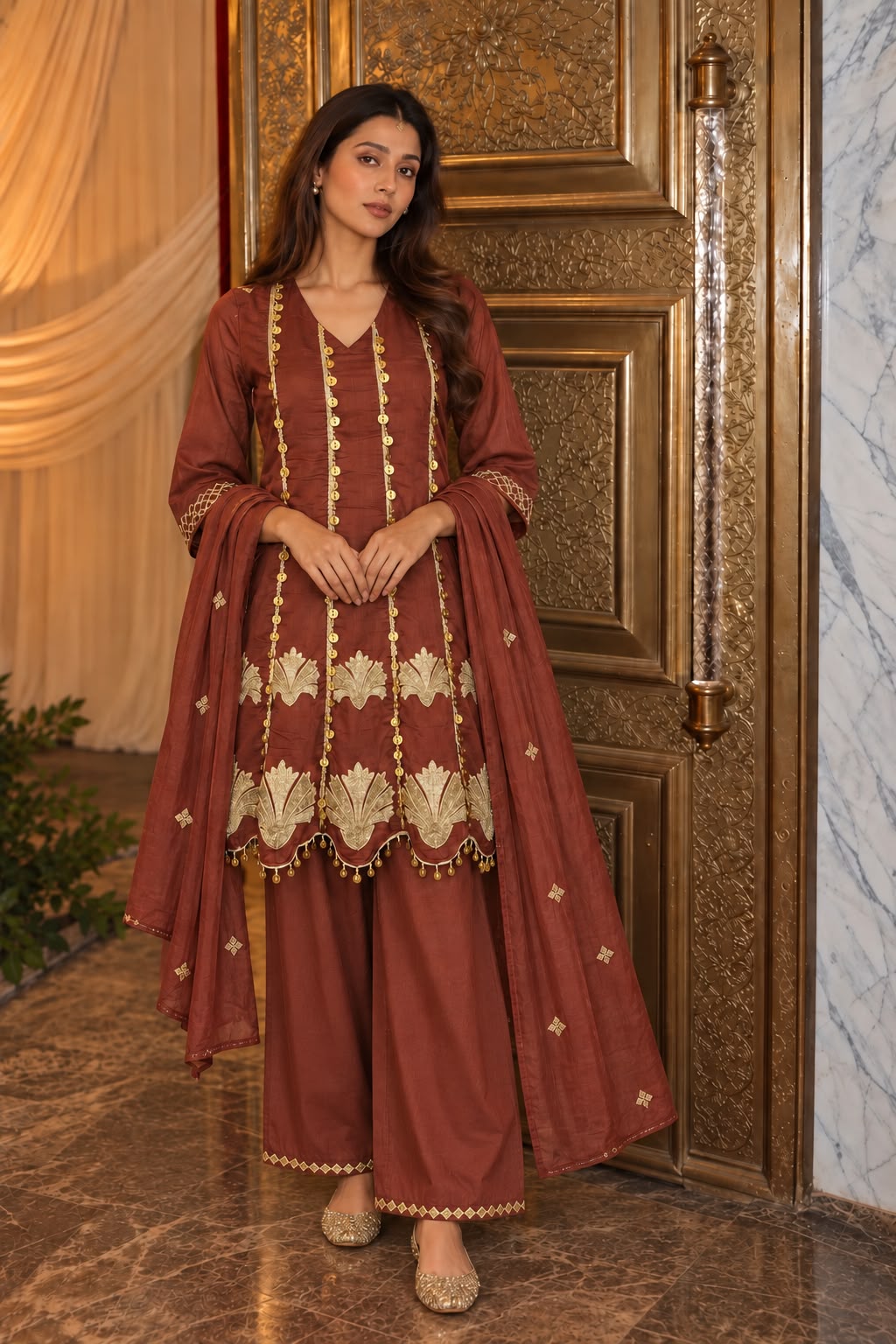 Dark Brown Embellished Mul Chanderi Silk Anarkali Set