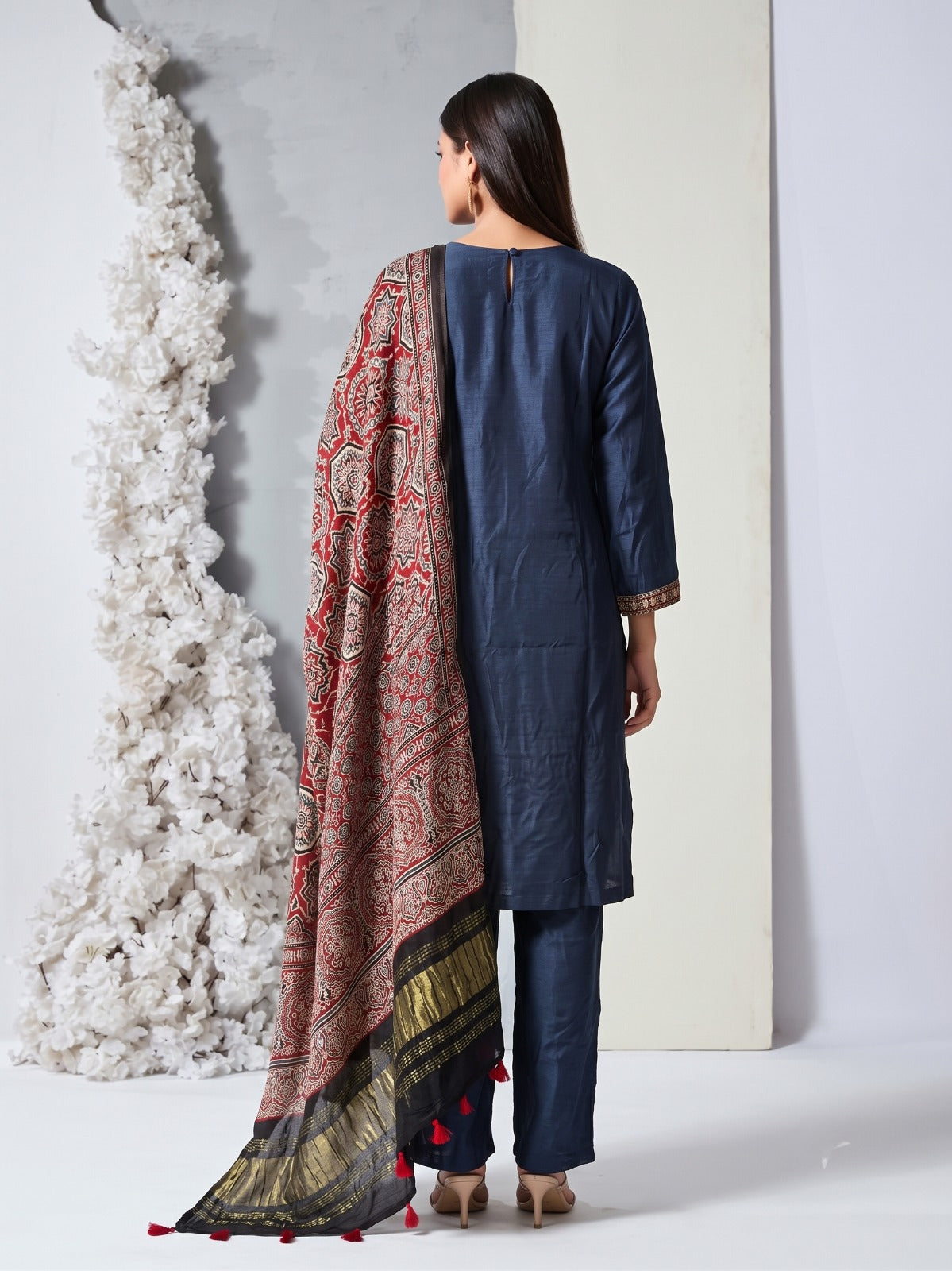 Navy Blue Embellished Raw Silk Pant Set