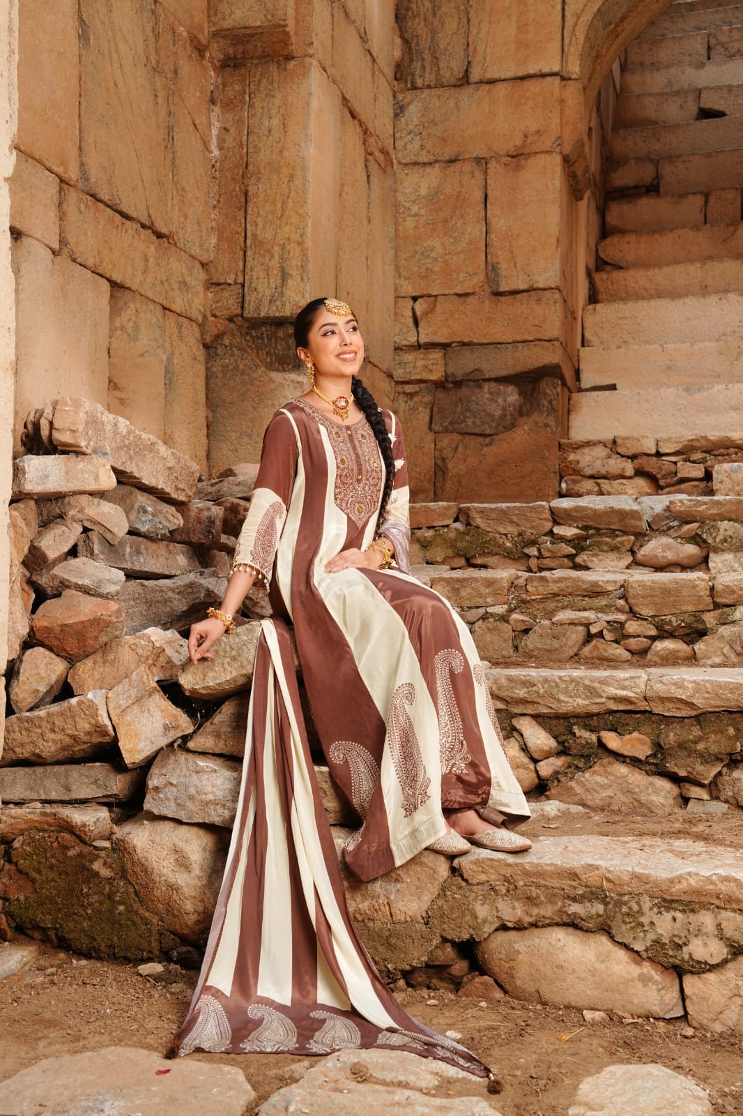 Chocolate Brown & Ivory Embellished Crepe Silk Anarkali Set