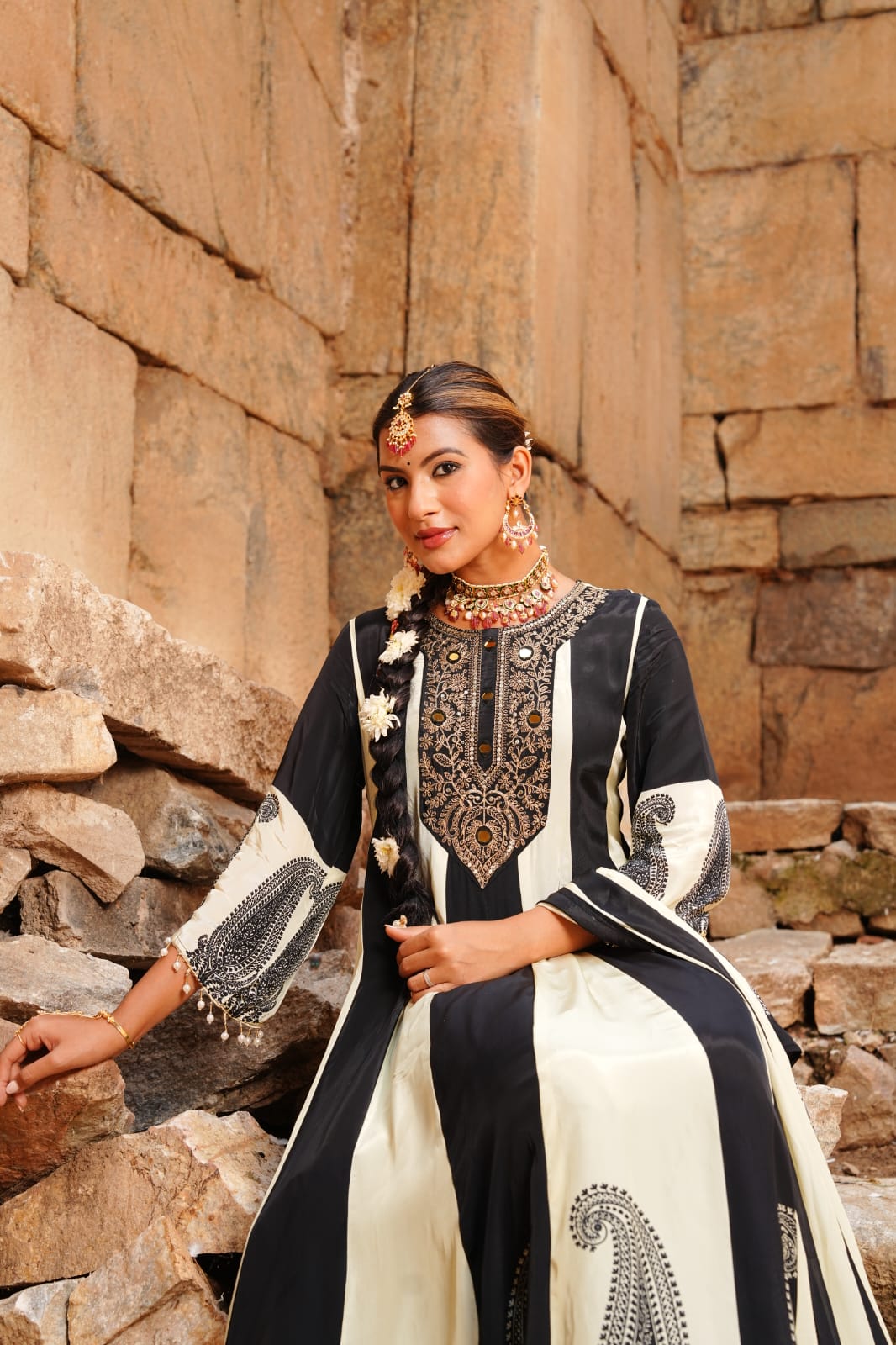 Royal Black & Off-White Ivory Embellished Crepe Silk Anarkali Set