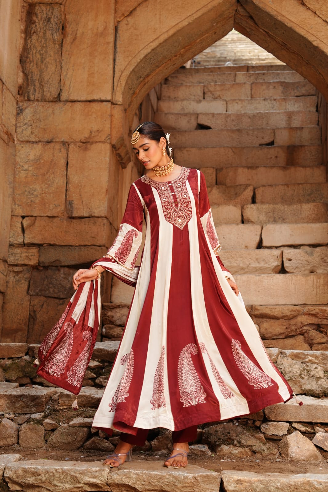 Rich Maroon & Ivory Embellished Crepe Silk Anarkali Set