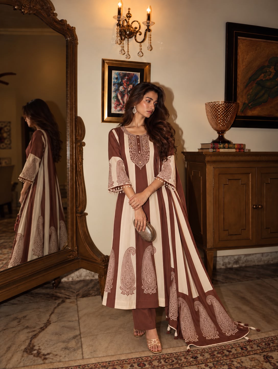 Chocolate Brown & Ivory Embellished Crepe Silk Anarkali Set