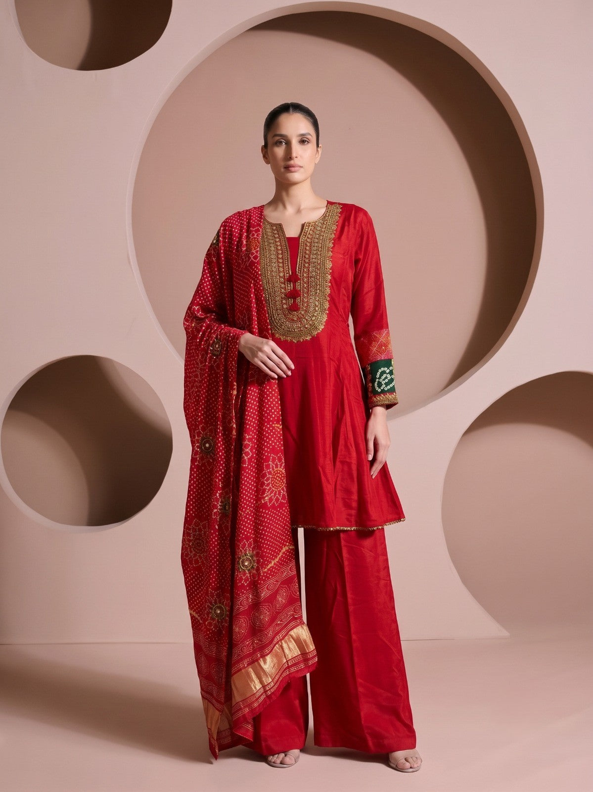Crimson Red Embellished Crepe Silk Palazzo Set