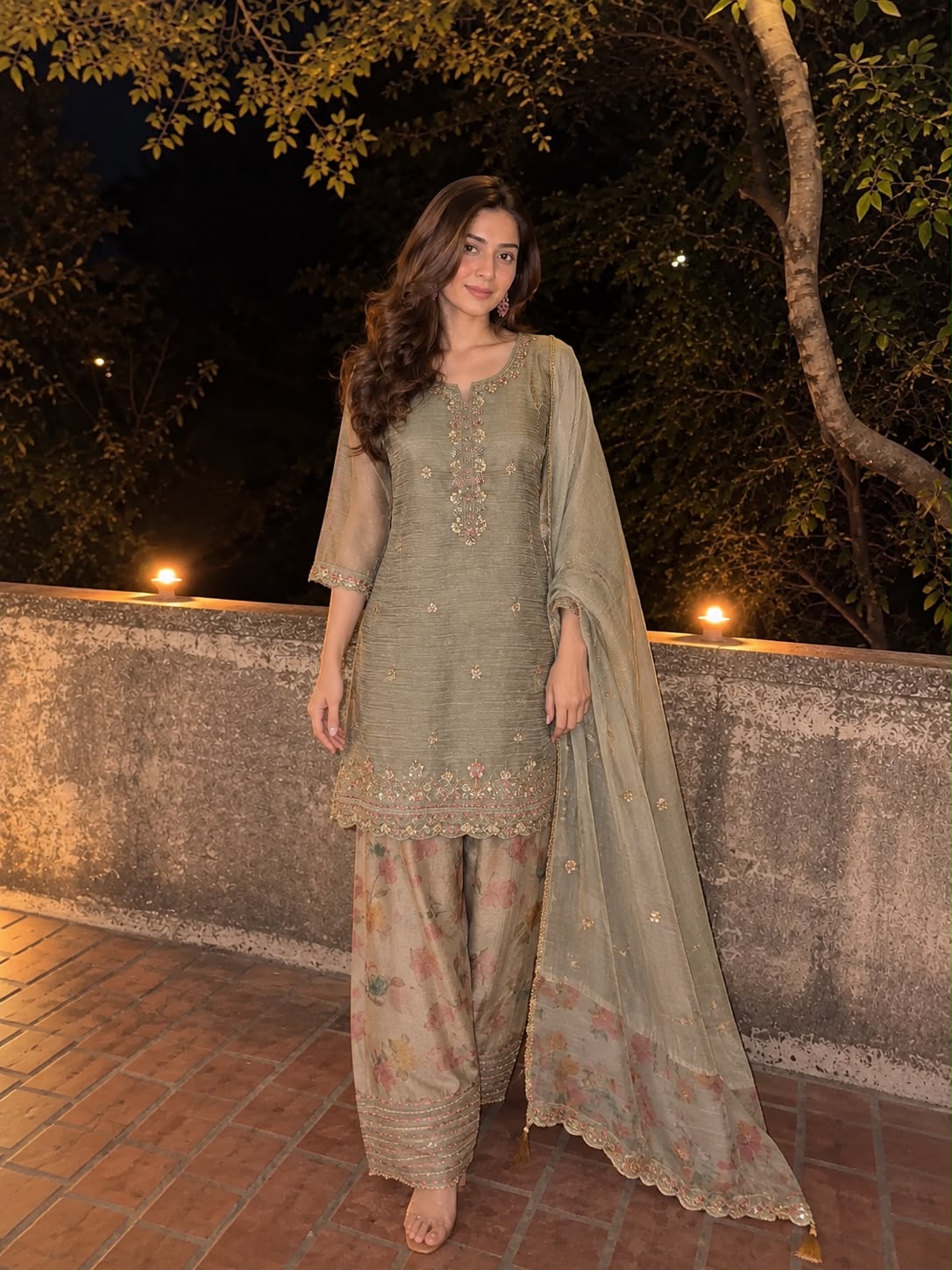 Olive Grey Embellished Shimmer Tissue Silk Salwar Set