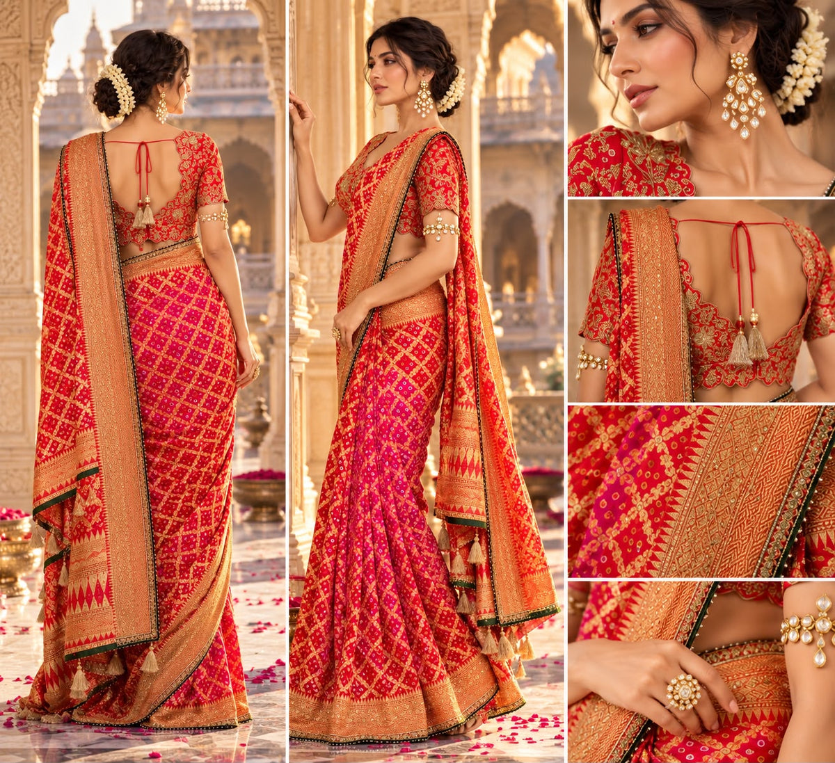Red and Rani Pink Bandhej Zari Premium Silk Saree