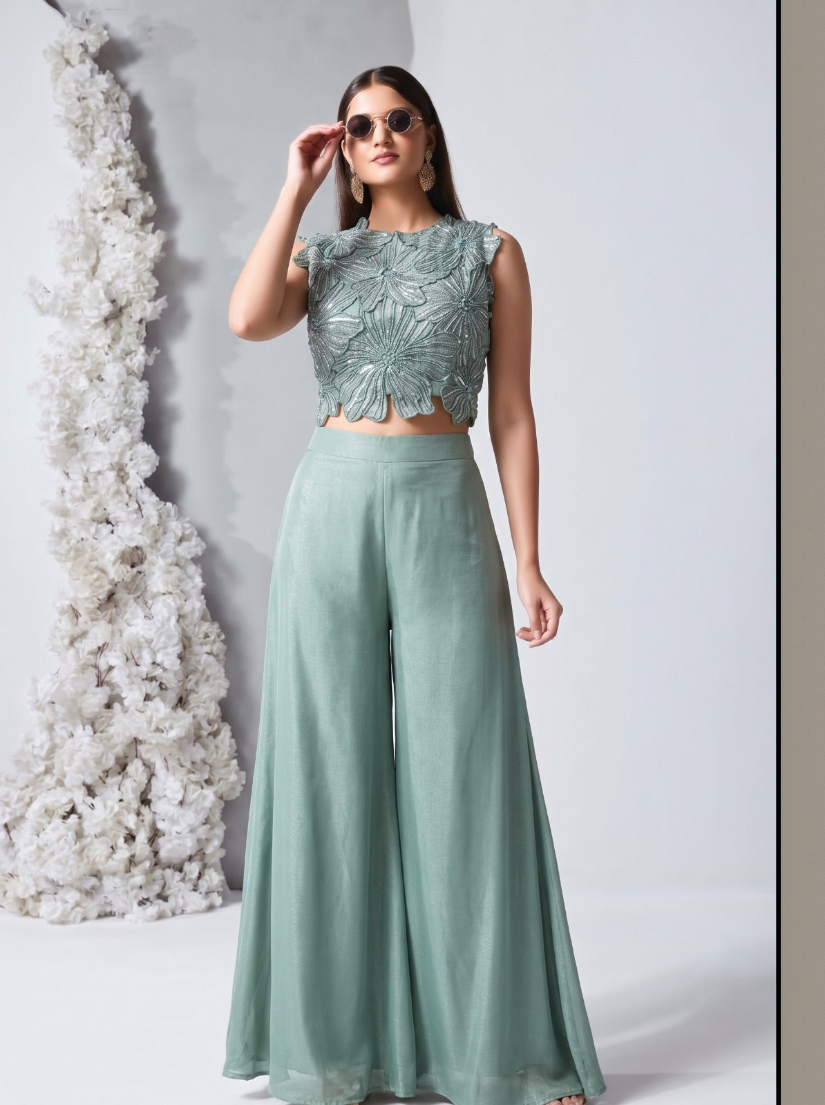 Mist Sky Embellished Shimmer Silk Palazzo Set