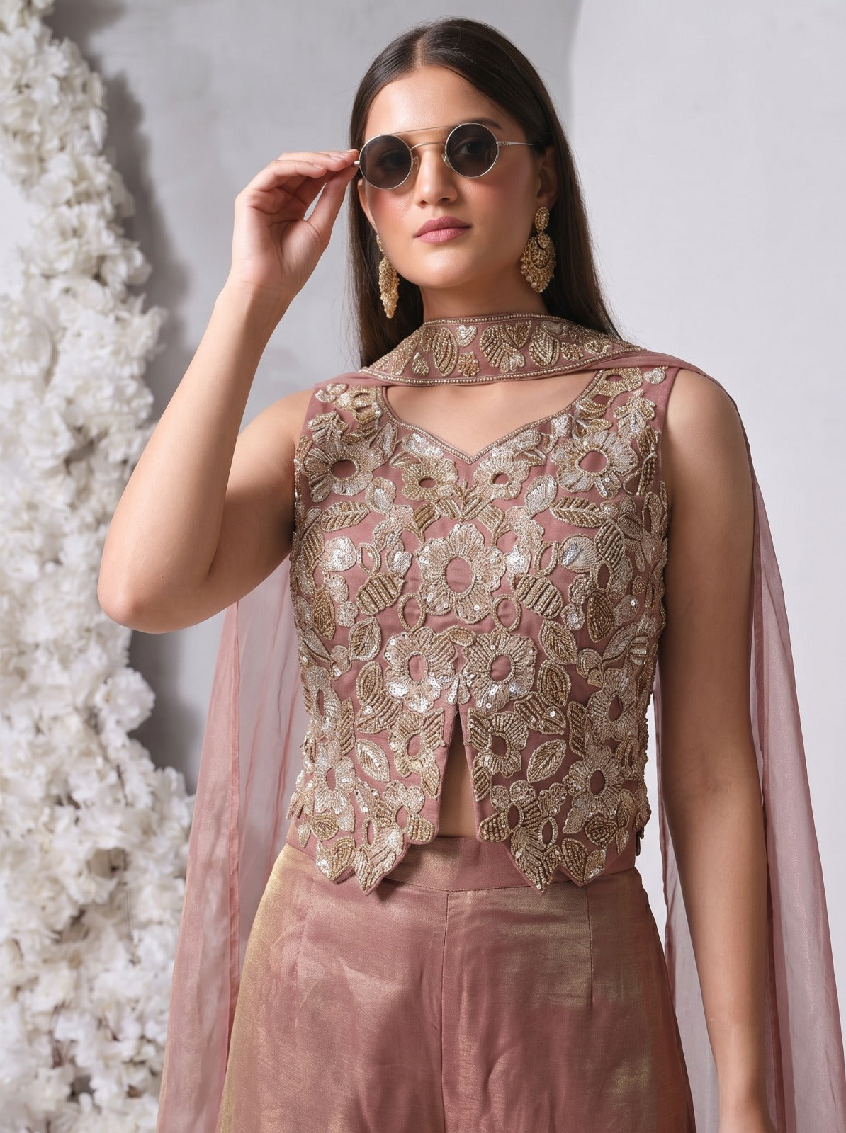 Rose Pink Embellished Shimmer Organza Silk Palazzo Set