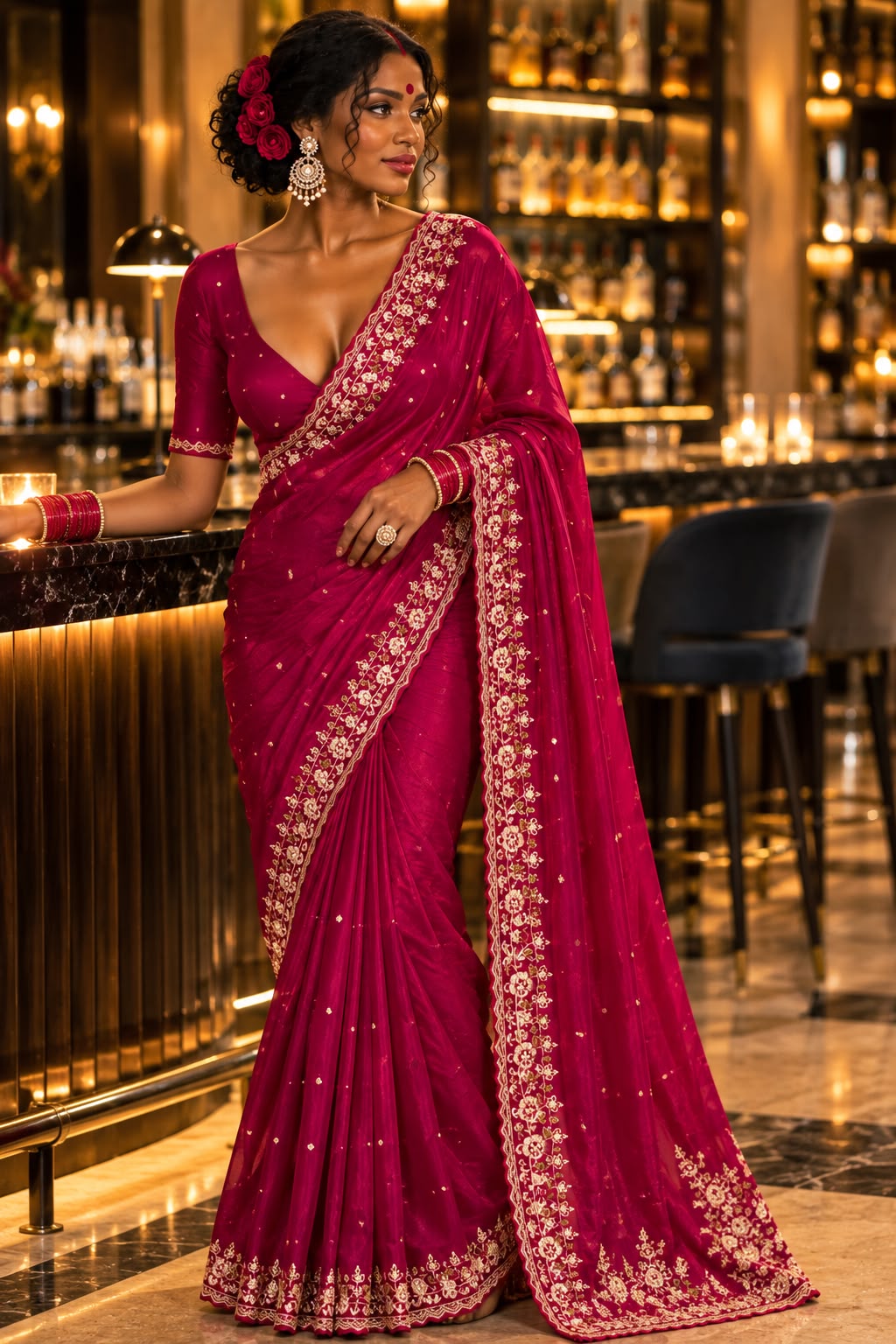 Raspberry Pink Embroidered Crepe Silk Saree